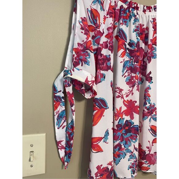 Devlin Womens White Pink Floral Cold Shoulder Off the Shoulder Blouse Medium - Picture 4 of 14